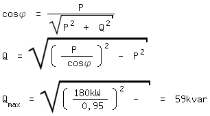 \fedon\mixoncos\phi = P / sqrt(P^2 + Q^2)
Q = sqrt((P / cos\phi)^2 - P^2)

\fedoffQ_max = sqrt((180kW / 0,95)^2 - (180kW)^2) = 59kvar