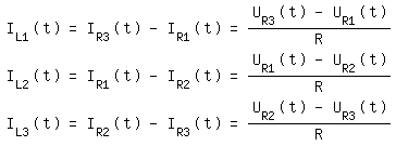 \fedon\
I_L1(t)=I_R3(t)-I_R1(t)=(U_R3(t)-U_R1(t))/R
I_L2(t)=I_R1(t)-I_R2(t)=(U_R1(t)-U_R2(t))/R
I_L3(t)=I_R2(t)-I_R3(t)=(U_R2(t)-U_R3(t))/R
\fedoff