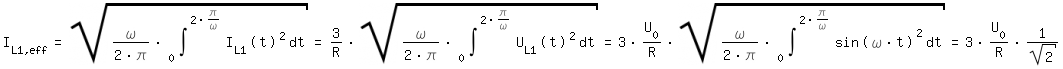 \fedon\
I_L1,eff=sqrt(\omega/(2*\pi)*int(I_L1(t)^2,t,0,2*\pi/\omega))=3/R*sqrt(\omega/(2*\pi)*int(U_L1(t)^2,t,0,2*\pi/\omega))=3*U_0/R*sqrt(\omega/(2*\pi)*int(sin(\omega*t)^2,t,0,2*\pi/\omega))=3*U_0/R*1/sqrt(2)
\fedoff