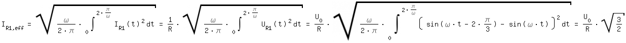 \fedon\
I_R1,eff=sqrt(\omega/(2*\pi)*int(I_R1(t)^2,t,0,2*\pi/\omega))=1/R*sqrt(\omega/(2*\pi)*int(U_R1(t)^2,t,0,2*\pi/\omega))=U_0/R*sqrt(\omega/(2*\pi)*int((sin(\omega*t-2*\pi/3)-sin(\omega*t))^2,t,0,2*\pi/\omega))=U_0/R*sqrt(3/2)
\fedoff