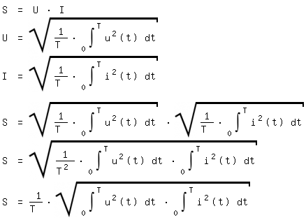 \fedon\mixonS = U * I
U = sqrt(1/T * int(u^2(t) ,t,0,T))
I = sqrt(1/T * int(i^2(t) ,t,0,T))

S = sqrt(1/T * int(u^2(t) ,t,0,T)) * sqrt(1/T * int(i^2(t) ,t,0,T))
S = sqrt(1/T^2 * int(u^2(t) ,t,0,T) * int(i^2(t) ,t,0,T))
\fedoffS = 1/T * sqrt(int(u^2(t) ,t,0,T) * int(i^2(t) ,t,0,T))
