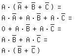 \fedon\mixonA*(A^-+B^-+C^-)=
A*A^-+A*B^-+A*C^-=
0+A*B^-+A*C^-=
A*B^-+A*C^-=
\fedoffA*(B^-+C^-)